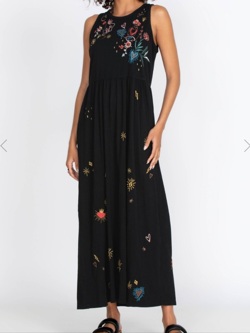Johnny Was Black Sleeveless Maxi Dress with Multicolor Floral Embroidery Size S